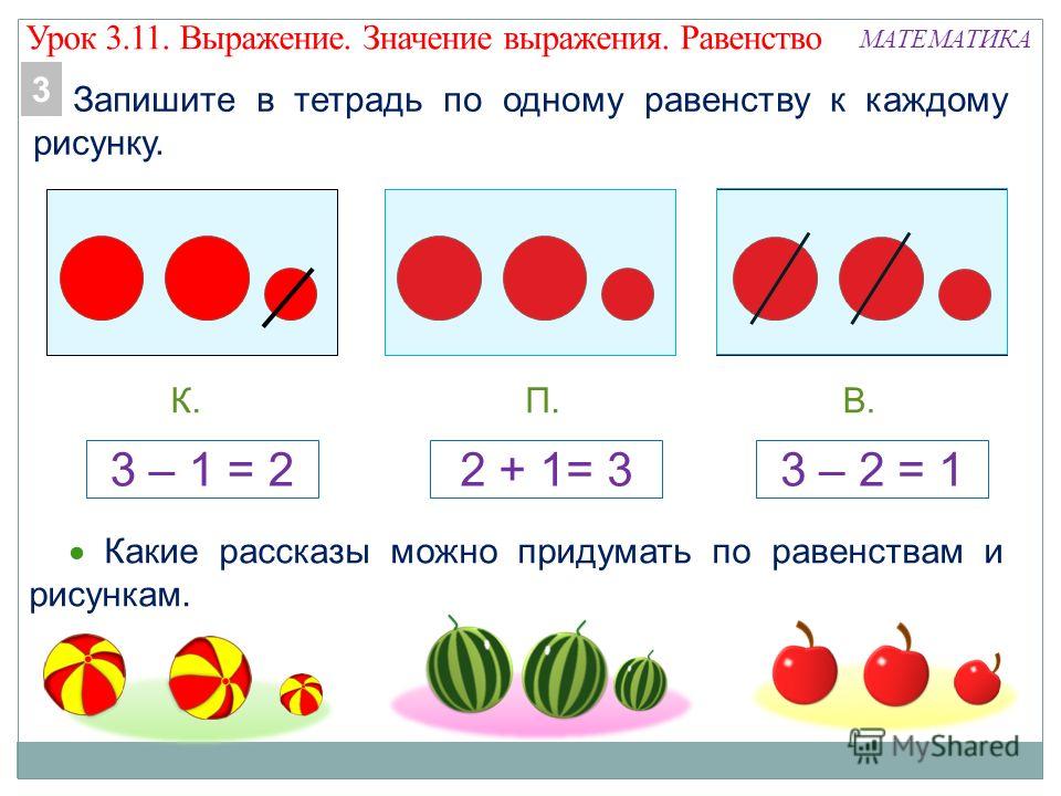 Конспект урока математики 3 3. Составление выражения по рисункам. Запиши равенство. Записать равенство 1 класс. Равенство по рисунку.