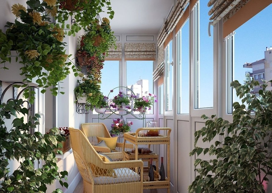 Простая мебель в зимнем саду на балконе