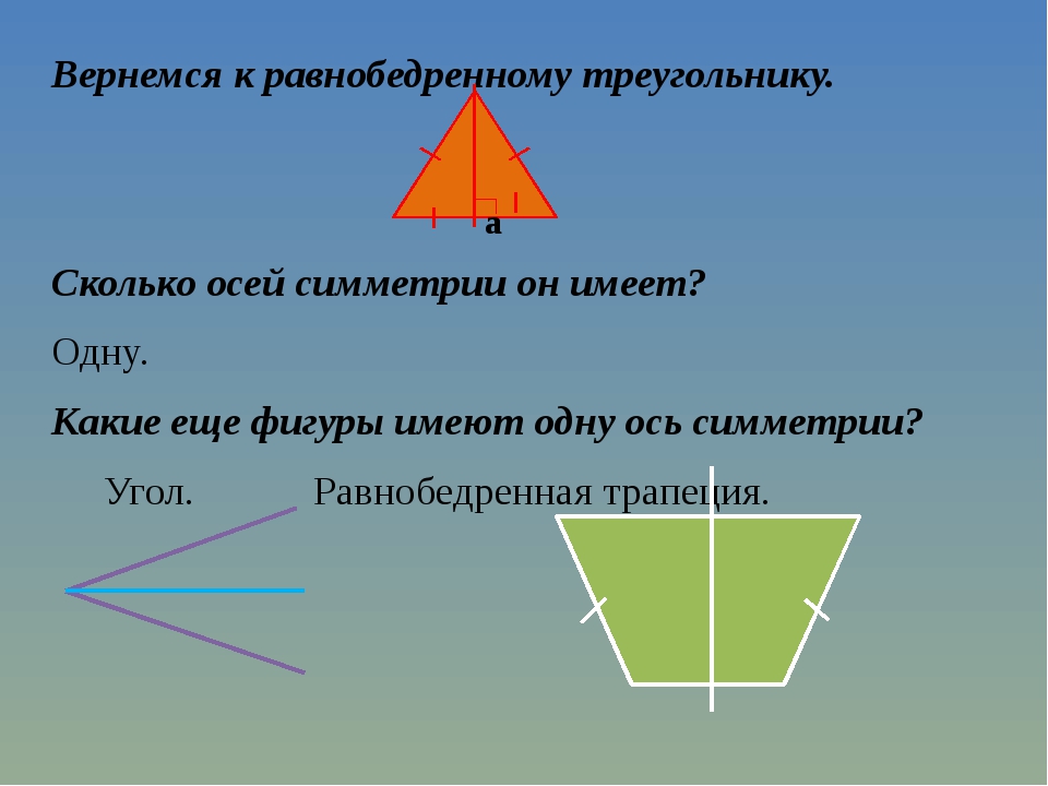 Равнобедренный треугольник имеет три оси симметрии верно. Центр симметрии равнобедренного треугольника. Ось симметрии треугольника 2 класс. Ось симметрии равнобедренного треугольника. Ось симметрии трапеции.