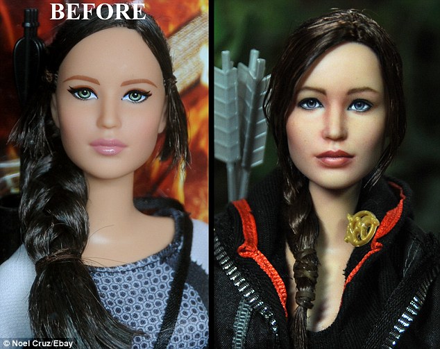 Doppelgangers: Artist Noel Cruz took a plan store-bought Katniss Everdeen Barbie (left) and transformed her into a life-like doll resembling Jennifer Lawrence in the Hunger Games (right)