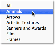 Selecting the Animal custom shape set in Photoshop. 