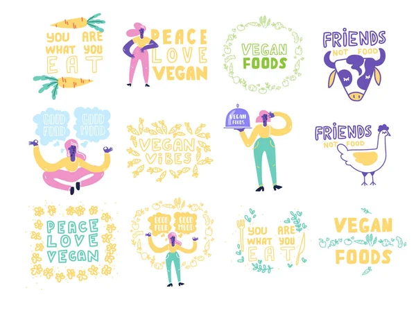 Set of Vector Vegan Signs. Vegan Foods. Plant based vegan diet symbols.Vegan slogan for package design, web, print t-shirt, logo, poster, symbol, design, decor, textile, paper, card. Royalty Free Stock Vectors