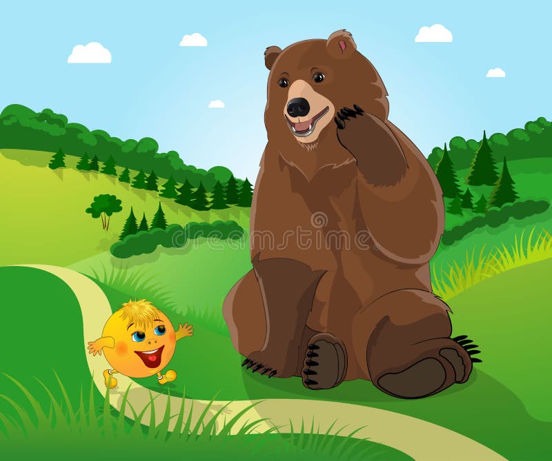 Bear and bun kolobok. Kolobok and a bear in the background of the forest stock illustration