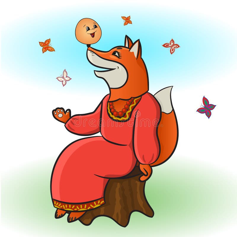 Russian folk tale about a kolobok. The bun. A cunning fox from Kolobok s fairy tale. Russian creativity. Funny pictures with animals and a fictional character. A royalty free illustration