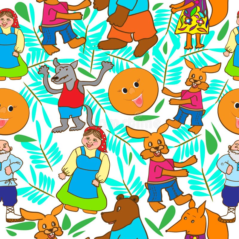 Children`s drawing in the form of a pattern from the fairy tale Kolobok. Illustration from the fairy tale Kolobok in the form of a pattern with the characters vector illustration