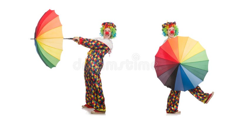 The clown with umbrella isolated on white. Clown with umbrella isolated on white royalty free stock photography