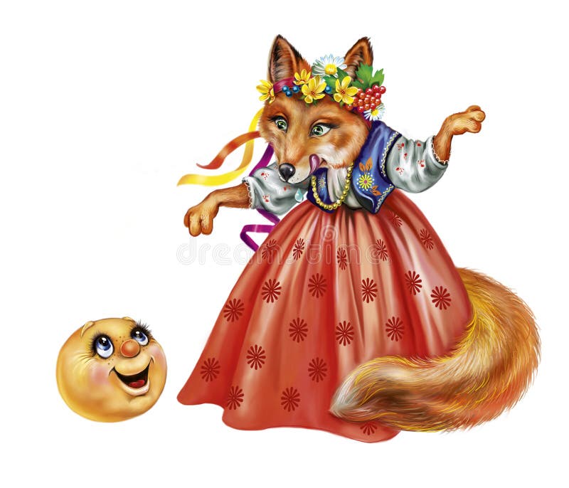 Fox and gingerbread man. Fairy tale `the bun`, funny protagonist and fox, isolated characters on a white background royalty free illustration