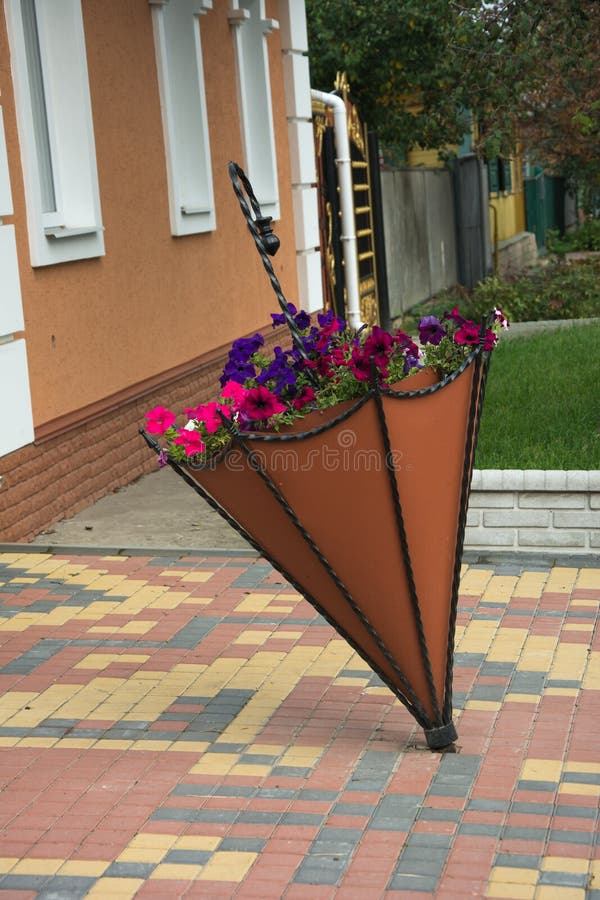 Flowerbed umbrella, flowerbed shaped like umbrella. Flowerbed like umbrella, Flowerbed of unusual shape royalty free stock image