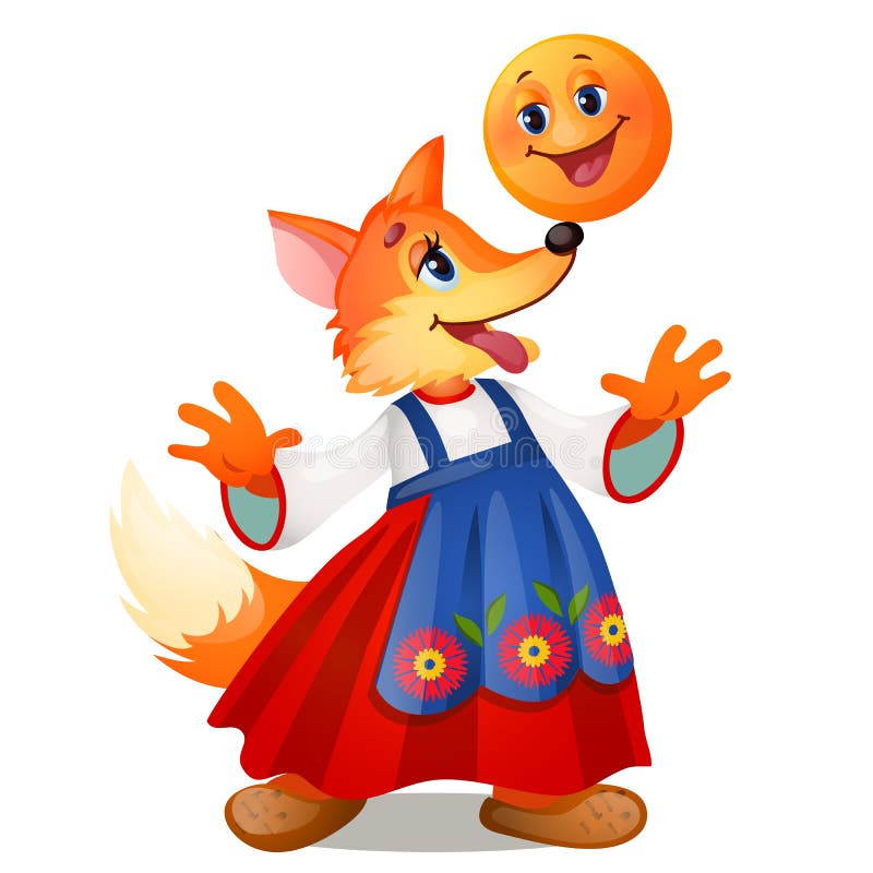 Fox in traditional Russian dress, and a smiling the bun isolated on white background. Characters of Russian fairy tales. Vector cartoon close-up illustration vector illustration