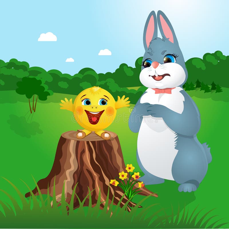 Kolobok Gingerbread Man and Bunny. In the forest vector illustration