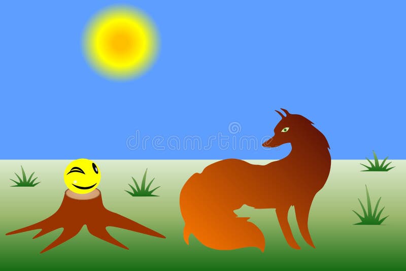 Roly-Poly and a sly old fox. A classic episode from Russian fairy tale Kolobok: a cunning fox that wants to eat this little round bun vector illustration
