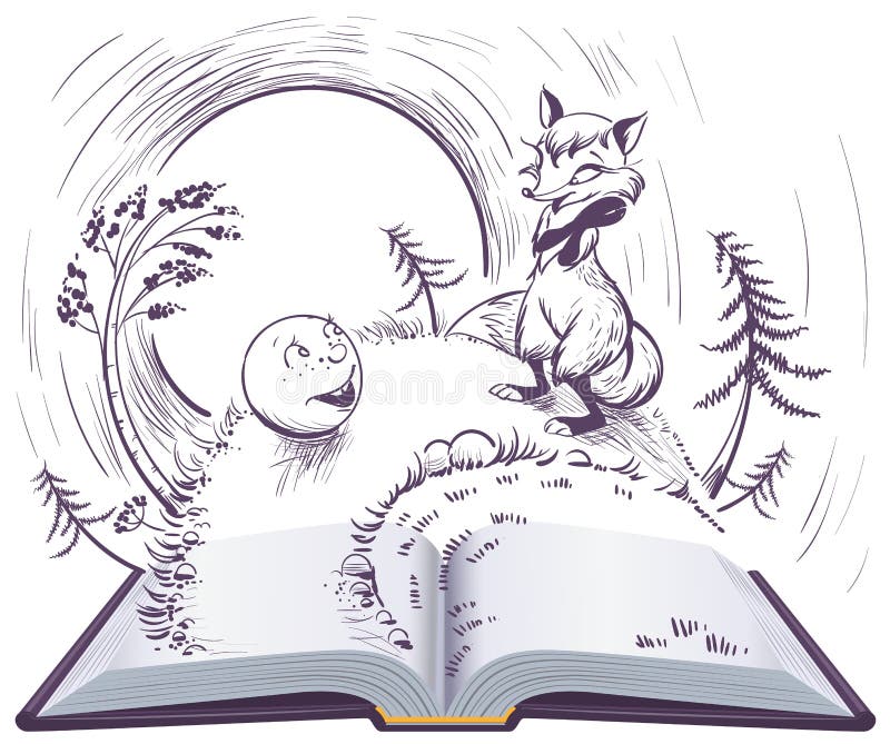 Russian fairy tale bun open book illustration. Sly fox and bun on track stock illustration