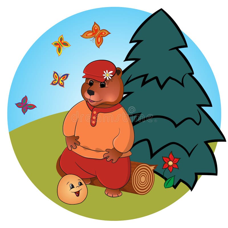 Russian folk tale about a kolobok. Tale of Kolobok. Russian creativity. Funny pictures with animals and a fictional character. For young children. To read the royalty free illustration