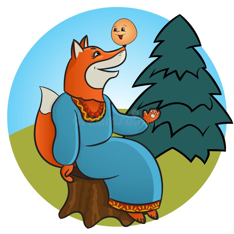 Russian folk tale about a kolobok. Tale of Kolobok. Russian creativity. Funny pictures with animals and a fictional character. For young children. To read the vector illustration