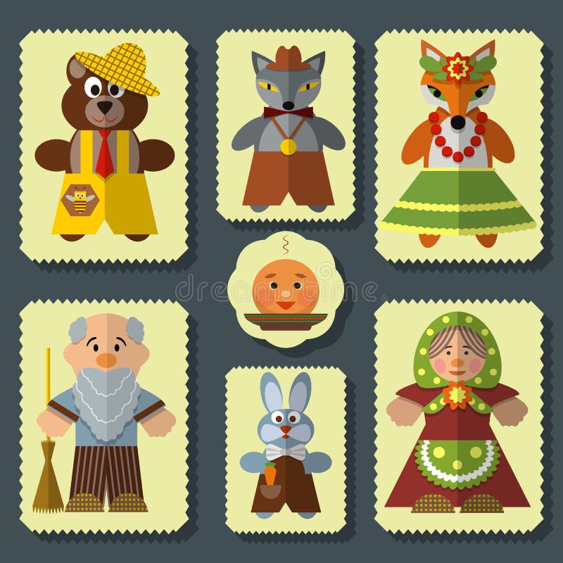 Vector set of The Bun russian folk fairy tale characters. Vector set of Kolobok, The Bun russian folk fairy tale for kids characters. Flat style design elements vector illustration