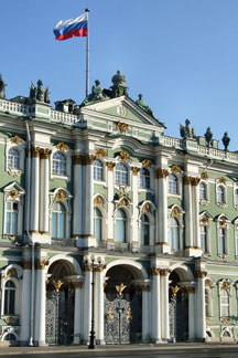 Russian flag flying at the Hermitage Museum in St Petersburg